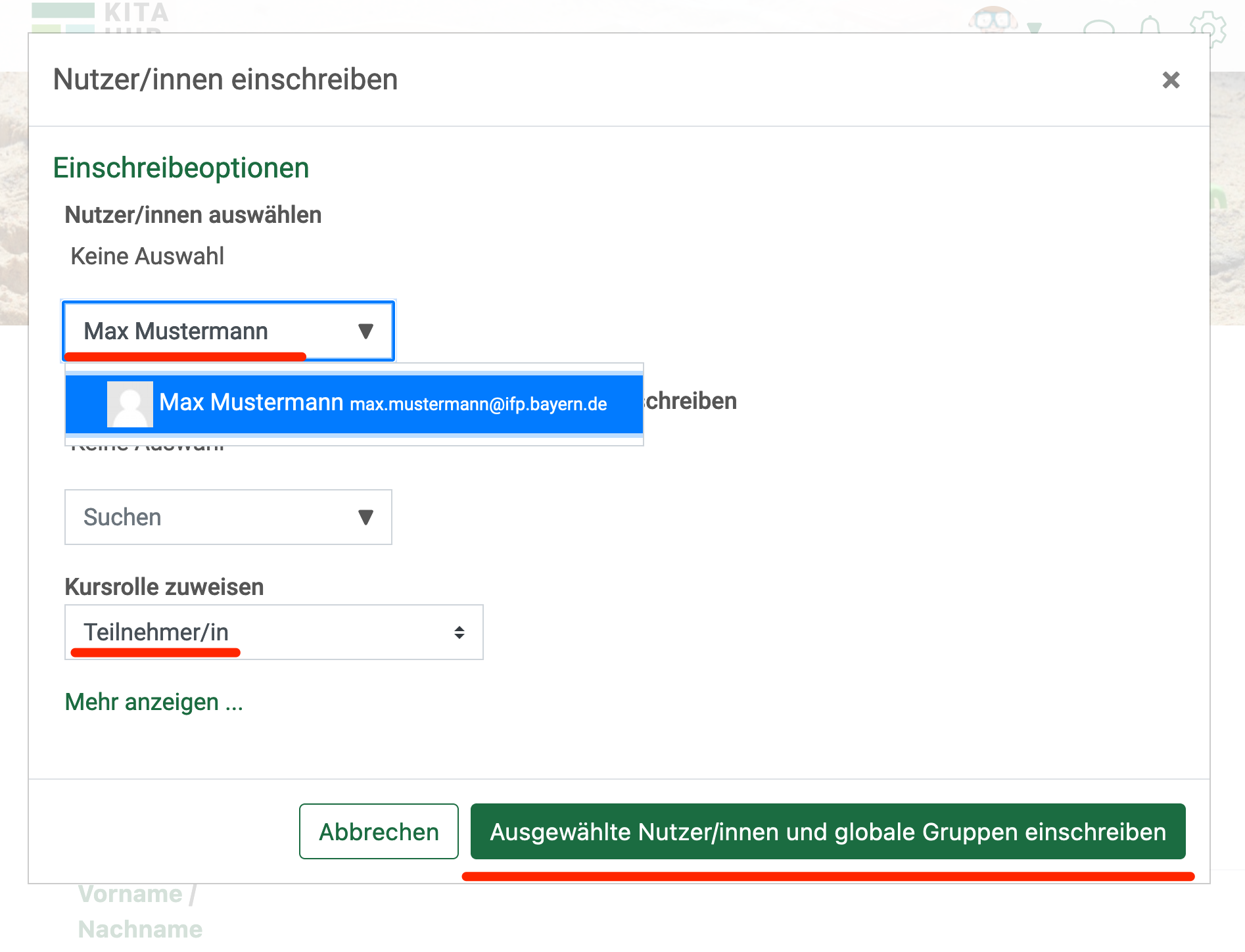 Teilnehmende verwalten | KITA HUB Dokumentation für Kurserstellende